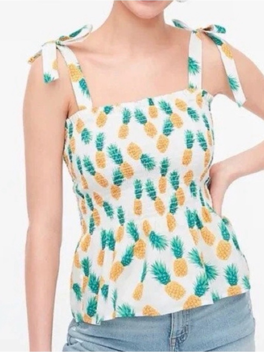 NWOT J Crew Pineapple Motif Top. Size XXL. White with Yellow/Green Print